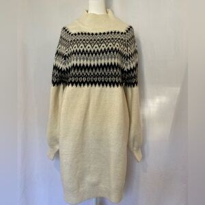 Faire Isle Knit Sweater Dress Medium Balloon Sleeve Mockneck Cozycore Festive